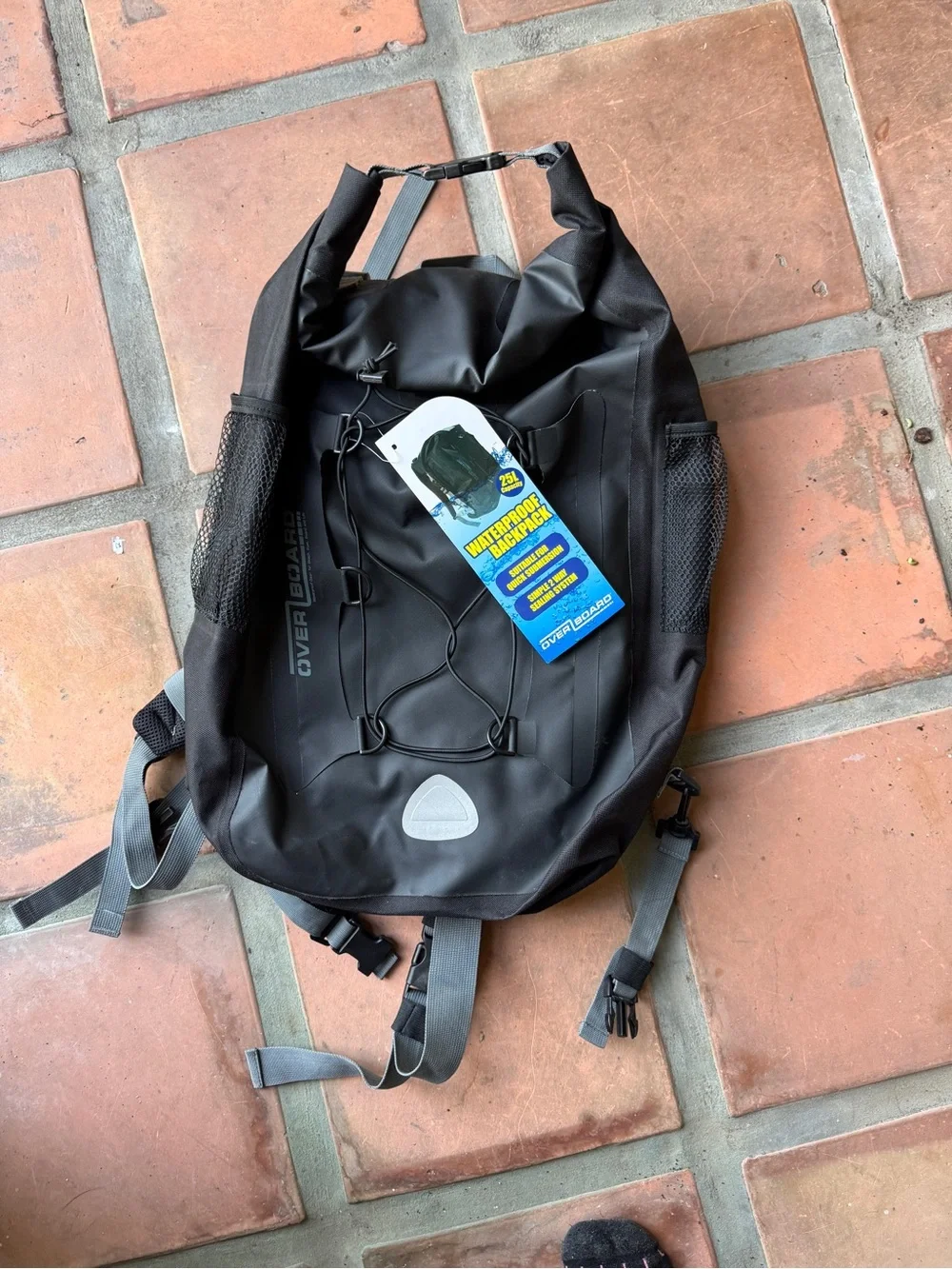 Water-Resistant Black Roll-Top Backpack —